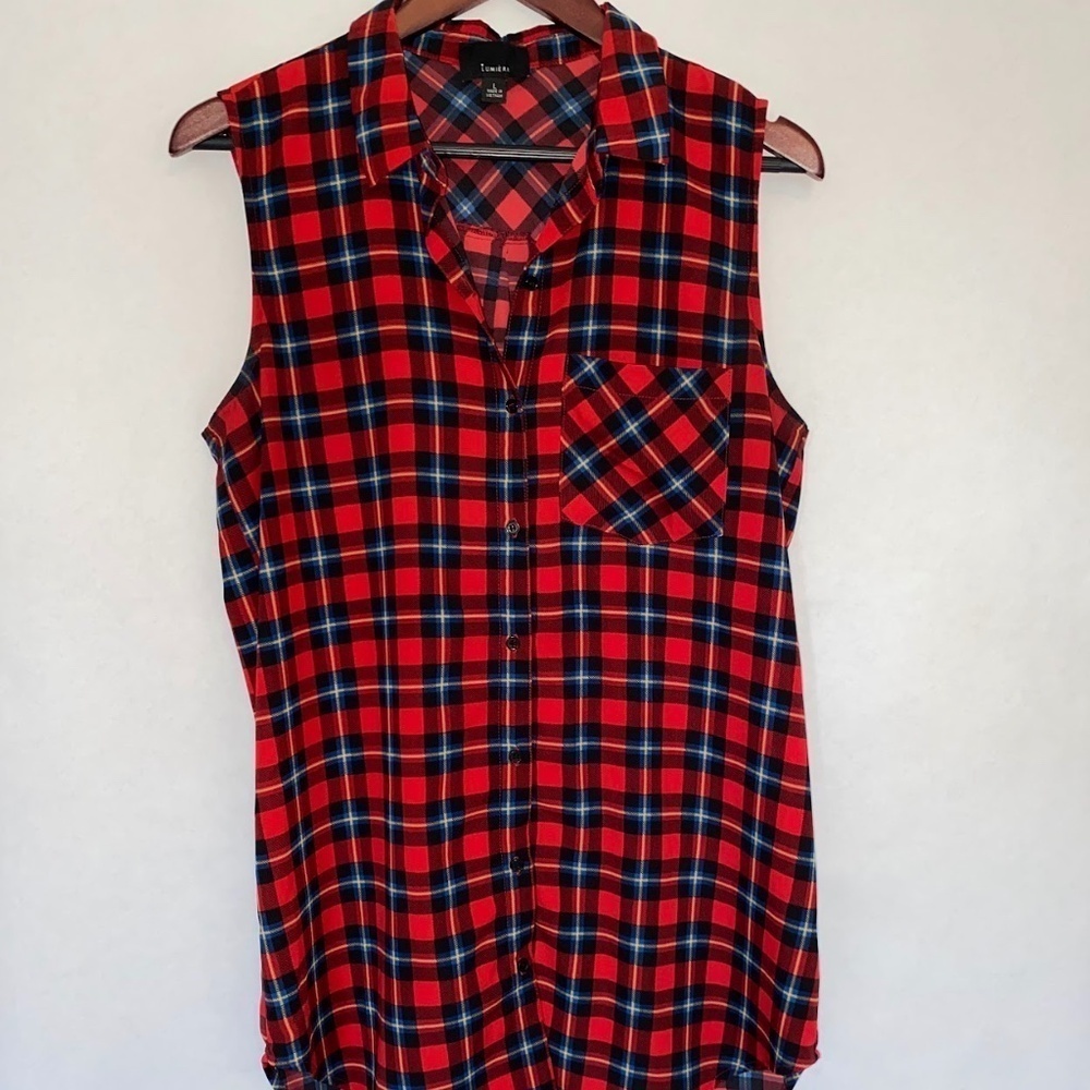 Lumiere Red Plaid Sleeveless Button Down High-Low Mini Dress size Large EUC